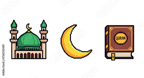 Pixel art mosque, crescent moon, and quran book icons for religious themes