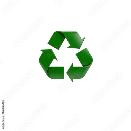 Isolated 3D render of the classic green recycling symbol, a universal icon for environmental protection, sustainability, and waste management