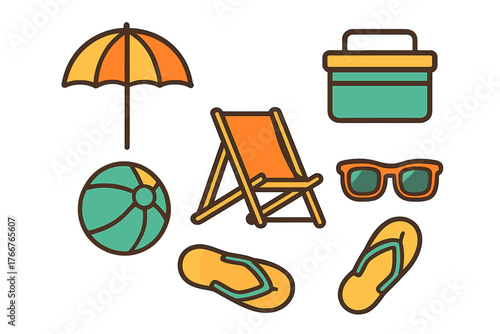 Colorful icons representing beach and summer vacation elements