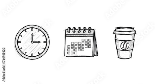 Hand drawn office essentials: clock, calendar, and coffee cup in sketch style