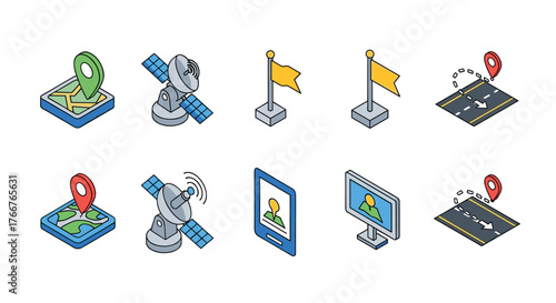 Isometric gps navigation and satellite icons in modern style