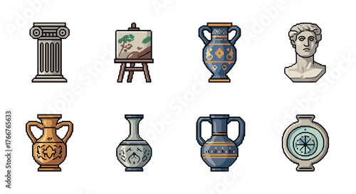 Pixel art classical collection: vases, busts, and columns