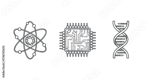 Science and technology symbols: atom, circuit chip, dna in outline style