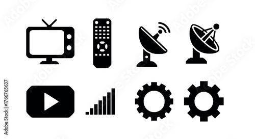 Communication and technology icons: tv, satellite, streaming, signal, gear