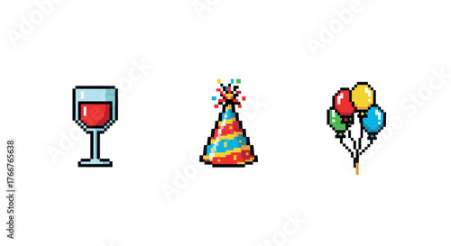 Pixel art celebration icons with wine glass, party hat, and balloons on white background