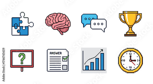 Pixel art icons: puzzle, brain, chat, trophy, quiz, graph, timer