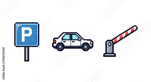 Pixel art parking elements featuring sign, car, and barrier