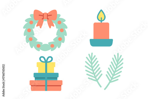 Set of festive holiday icons including wreath, candle, gifts, and pine branches