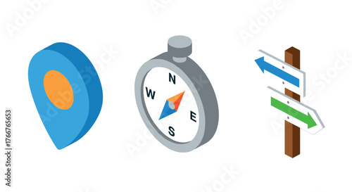Isometric navigation elements: compass, map pin, and direction signs