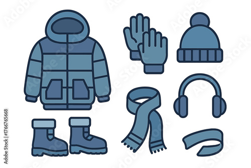 Assortment of blue icons for winter apparel and cold weather accessories