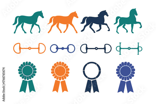 Set of horse silhouettes, equestrian snaffle bits, and rosette award ribbons