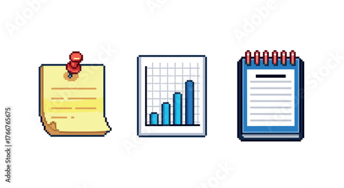 Retro pixel office icons with sticky note, graph, and notepad