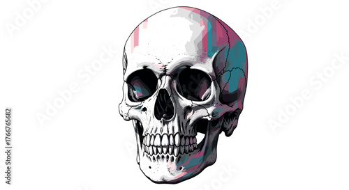 Vibrant neon skull art with realistic textures on white background