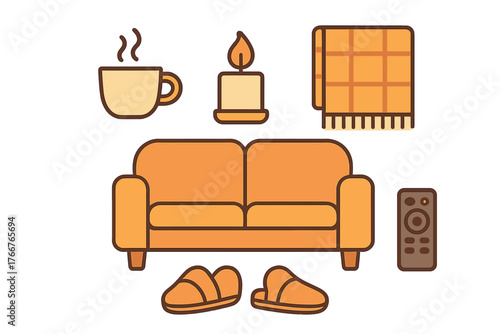 Set of icons depicting cozy home relaxation elements like sofa and warm drink