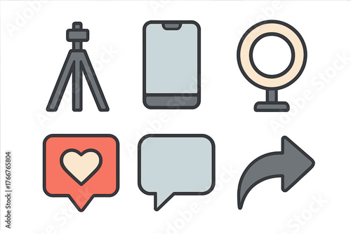 Flat vector icons representing social media content creation tools, video streaming equipment, and interaction symbols like like, comment