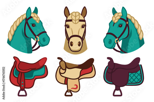 Colorful horse heads and riding saddles icons set