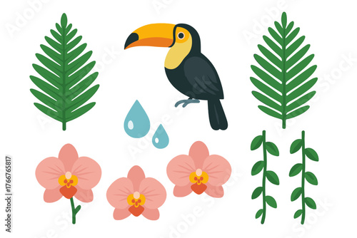 Vibrant toucan bird with exotic orchid flowers and lush jungle foliage