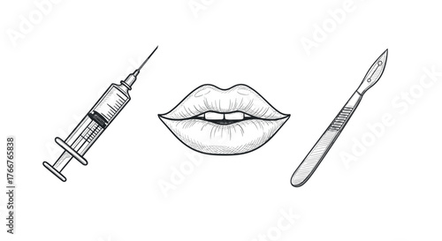Cosmetic surgery elements sketch featuring syringe, lips, and scalpel