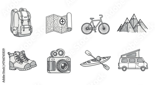 Hand-drawn camping and adventure equipment icons for outdoor enthusiasts