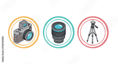 Retro camera gear icons: camera, lens, and tripod in colorful circles