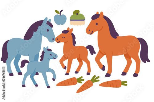 Adorable cartoon horse family group with fruit icons