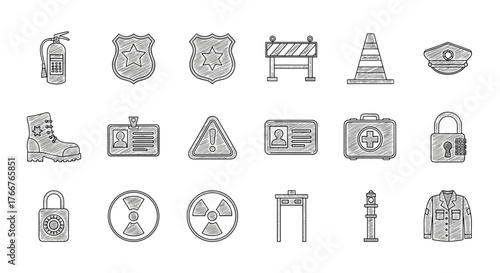 Security and safety icons: detailed sketch style for modern designs