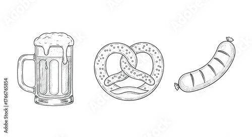 Hand-drawn beer, pretzel, and sausage trio celebrating oktoberfest