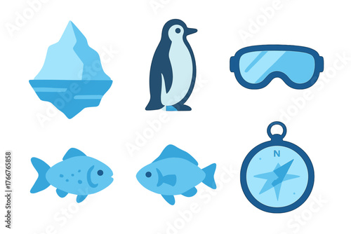 Antarctic exploration icons featuring penguin iceberg fish and navigation compass