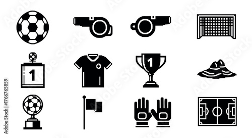 Minimalist soccer icons: whistles, trophies, jerseys, and more