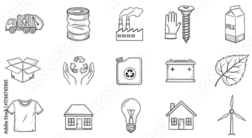 Eco-friendly doodle icons collection representing recycling and sustainability concepts