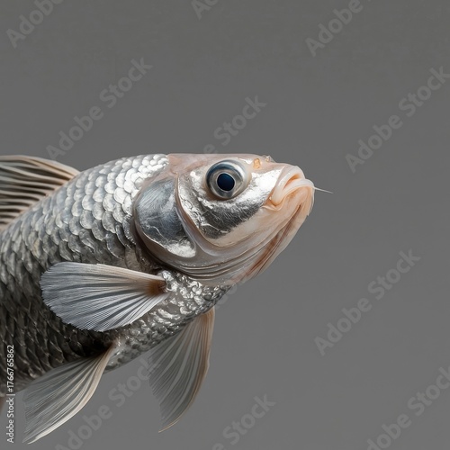 Detailed Close-Up of a Beautiful Silver Fish Displaying Unique Features and Textures Against a Gray Background
