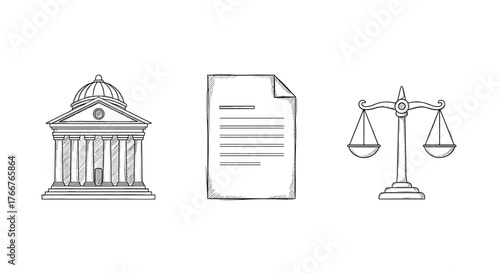 Hand drawn sketch of courthouse, legal document, and justice scales