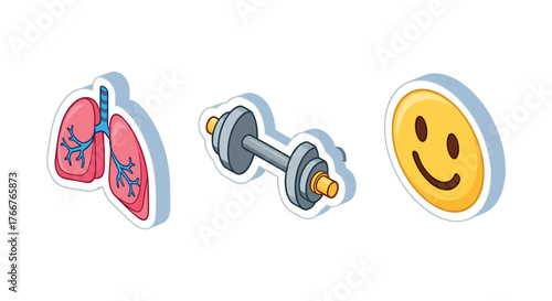 Isometric health and wellness: lungs, dumbbell, smiley face for fitness and happiness
