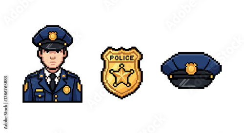Pixel art police icon set featuring officer, badge, and cap