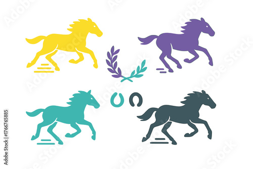 Set of stylized running horse silhouettes with laurel wreath and horseshoes