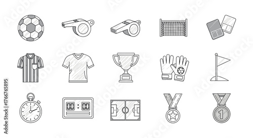 Soccer icons: sketch style set with equipment and awards