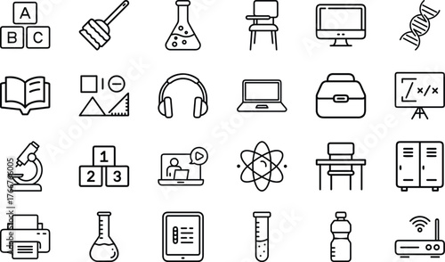 Education and Science Line Icons Set – School, STEM, Laboratory, E-learning, and Study Equipment Outline Vector Pack for Teachers, Students, Online Courses, and Academic Infographics Design