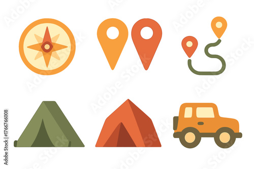 Camping and navigation icons set with compass map pins and off road vehicle