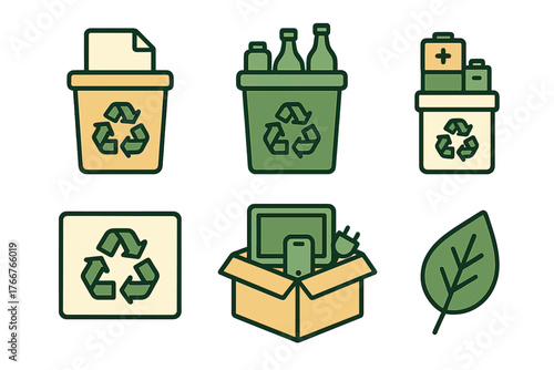 Environmental protection and waste sorting icons for recycling programs