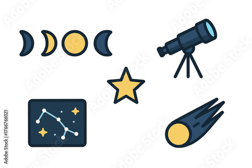 Astronomy icons set featuring moon phases telescope constellation and comet