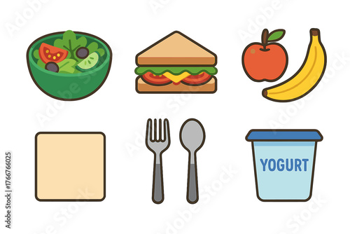 Healthy lunch meal icons set featuring salad sandwich fruit and yogurt