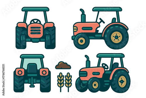 Agricultural tractor views with wheat and soil icons