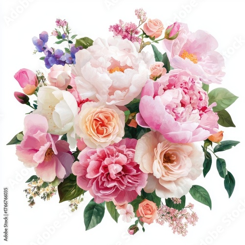 Beautiful arrangement of colorful flowers featuring peonies, roses, and delicate blooms in soft pastel shades