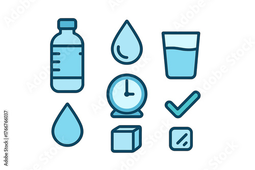 Set of icons for tracking daily water intake with bottle glass and timer