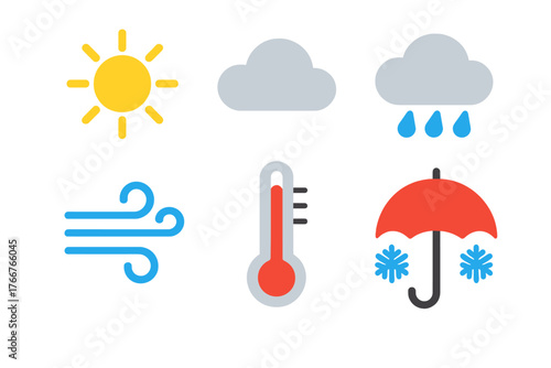 Set of simple weather condition icons including sun cloud rain wind thermometer and snow