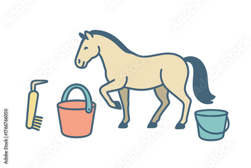 Set of horse grooming tools and essential animal care equipment icons