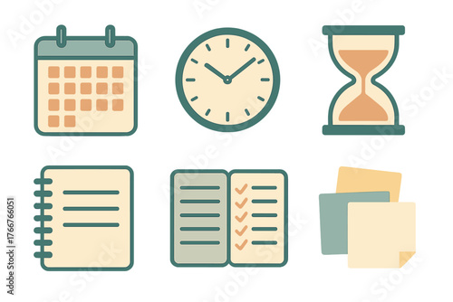 Planning and time management icons featuring calendar clock and notebook symbols