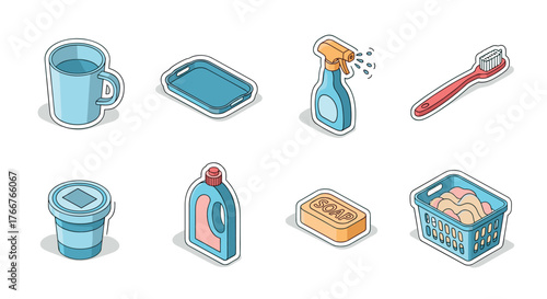 Isometric cleaning and household items collection with modern design