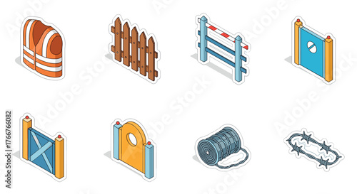 Isometric safety barriers and fencing icons for construction and security design