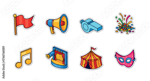 Colorful carnival icons set featuring flags, megaphone, whistle, confetti, music note, stage, tent, and mask in flat design